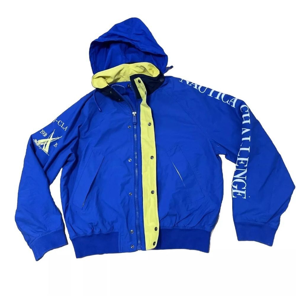 VTG NAUTICA Jacket Men M Sailing 90s ColorBlock Nylon Zip Blue JClass Champ Hood